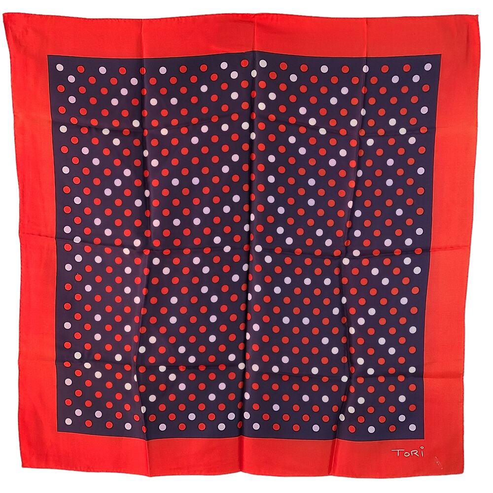 Vintage Tori red white blue polka dot acetate scarf 26 x 26
